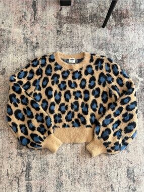 Sunday Best Tan Fuzzy Leopard Crew Sweater with Blue Spots